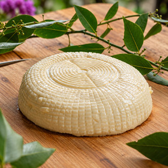 Queso panela natural artesanal sobre tabla de madera, acompañado de hojas verdes