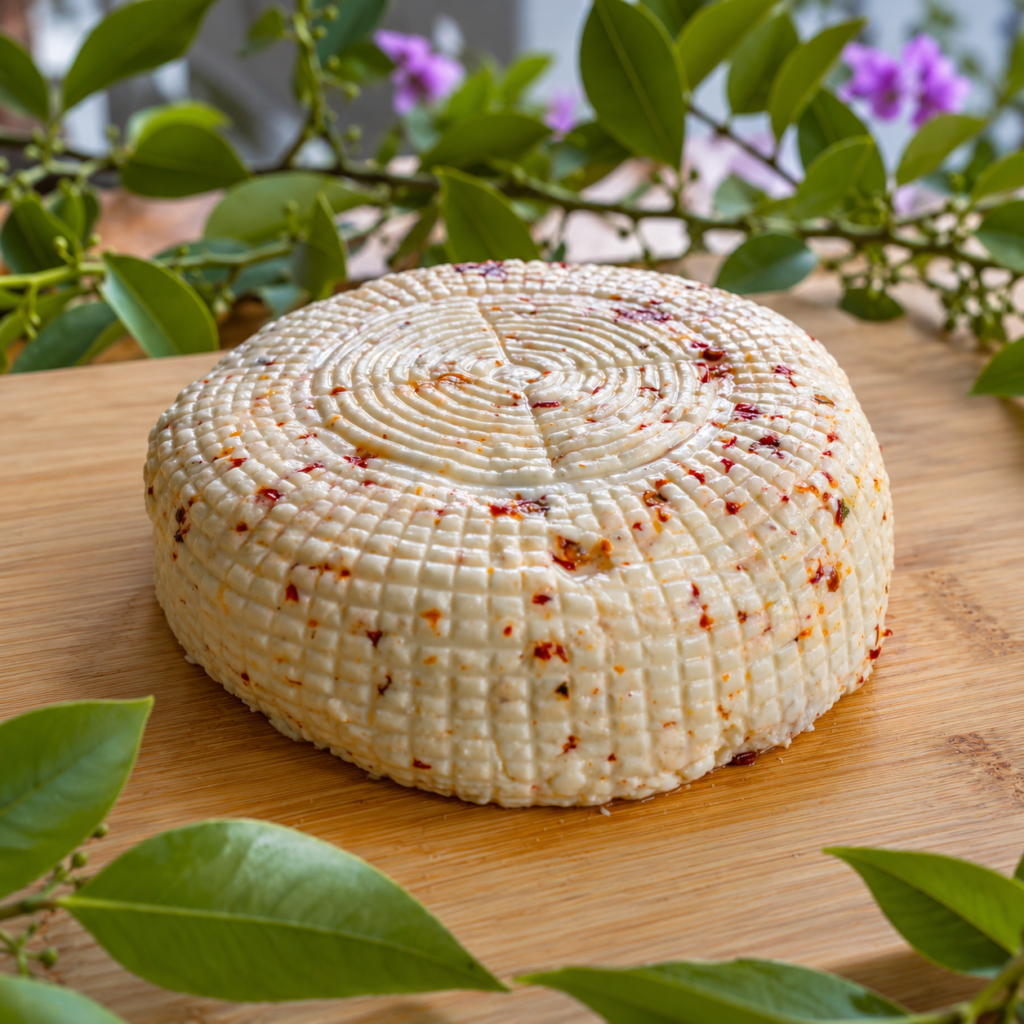 Queso panela fresco artesanal con especias y chile sobre tabla de madera, rodeado de hojas verdes