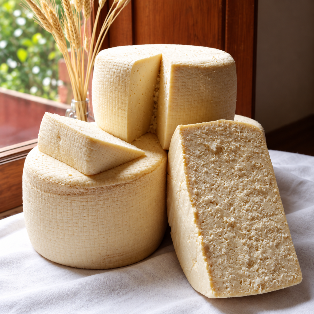 Queso semimaduro artesanal en ruedas y cortes, presentado sobre tela blanca con luz natural